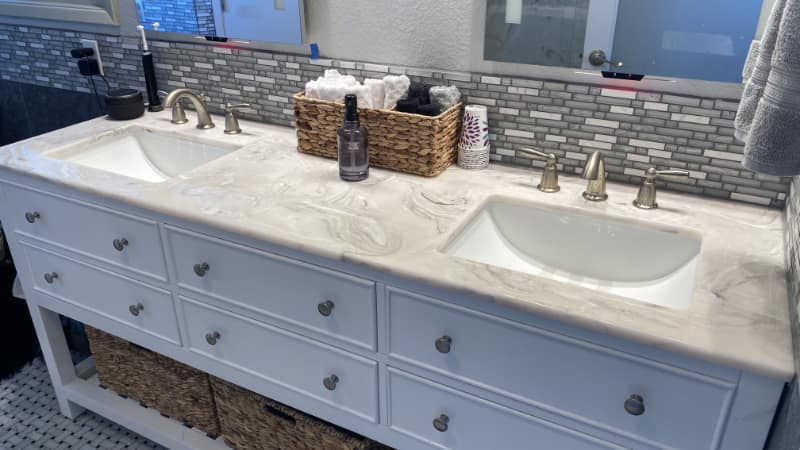 Cultured Onyx Vanity With Double Sink and Back Splash